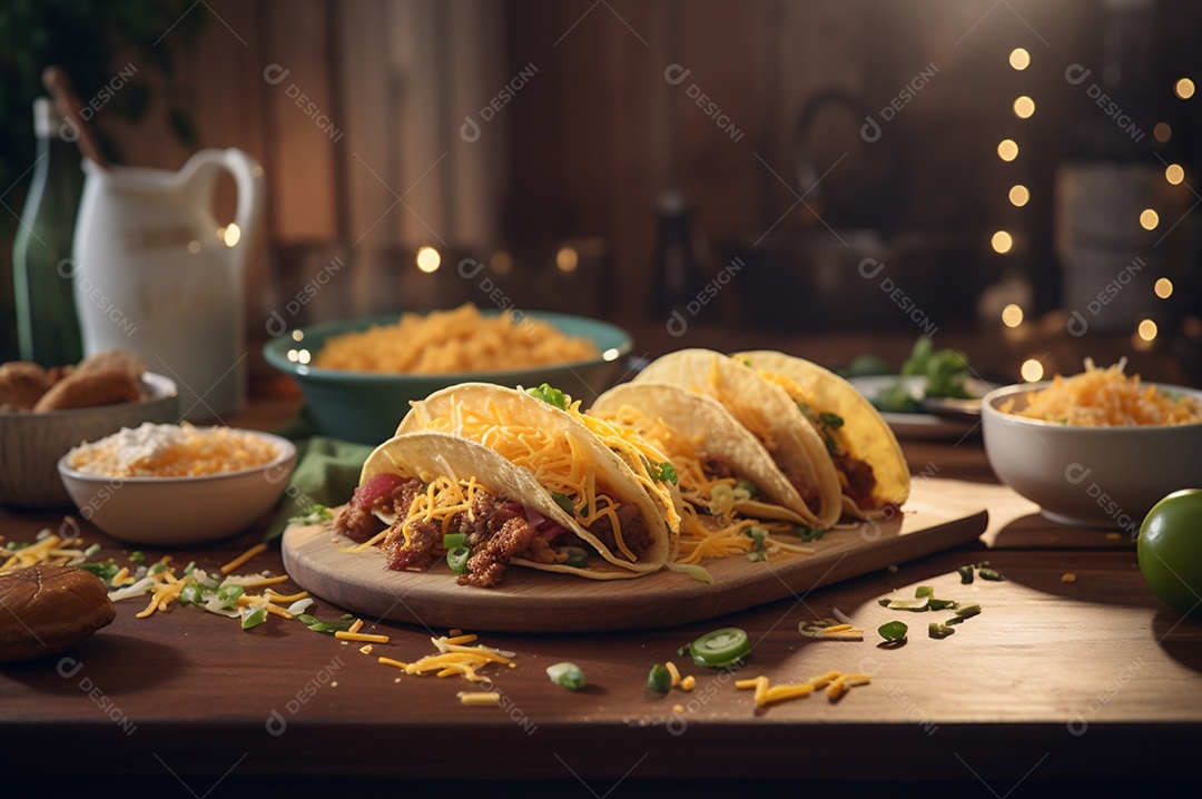 Tacos com fricassé, mexidos, ovos e bacon cobertos com queijo e cebolinha.