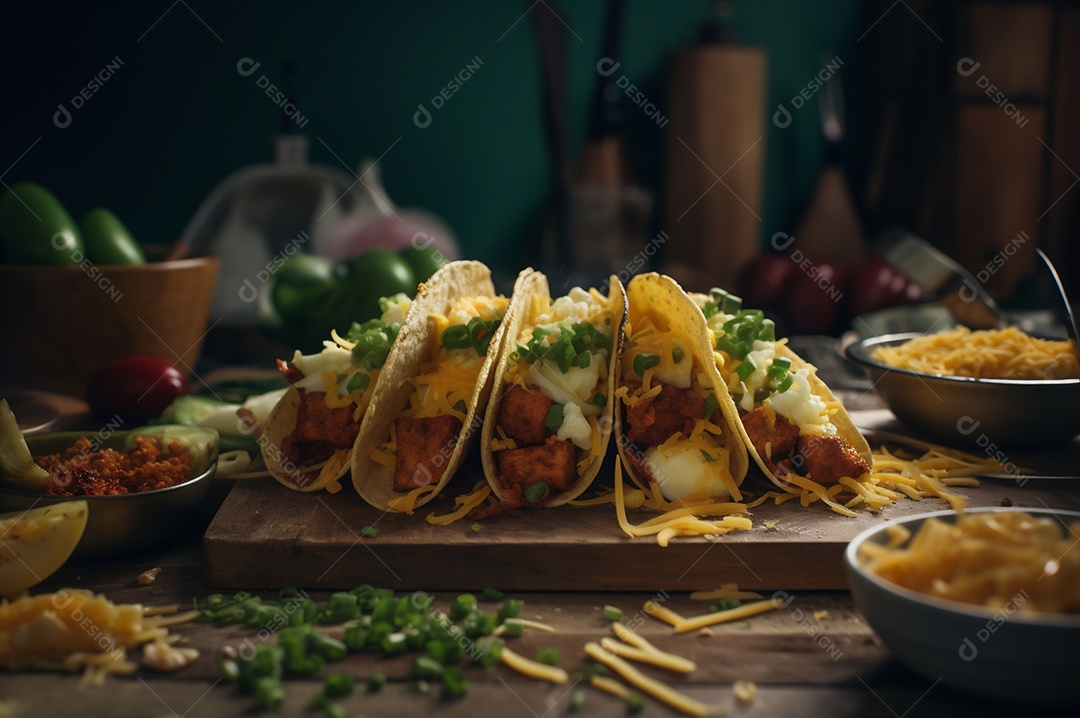 Tacos com fricassé, mexidos, ovos e bacon cobertos com queijo e cebolinha.