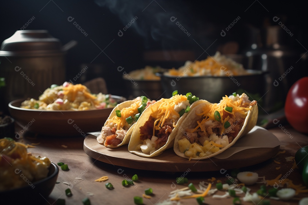 Tacos com fricassé, mexidos, ovos e bacon cobertos com queijo e cebolinha.
