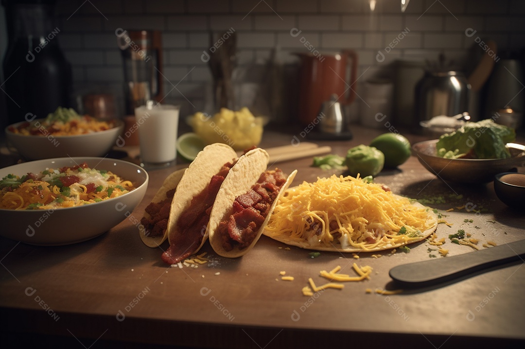 Tacos com fricassé, mexidos, ovos e bacon cobertos com queijo e cebolinha.