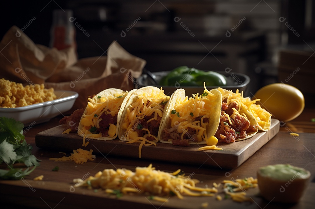 Tacos com fricassé, mexidos, ovos e bacon cobertos com queijo e cebolinha.