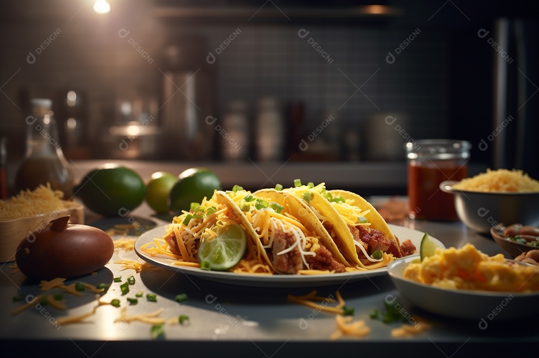 Tacos com fricassé, mexidos, ovos e bacon cobertos com queijo e cebolinha.