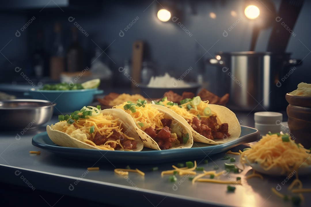 Tacos com fricassé, mexidos, ovos e bacon cobertos com queijo e cebolinha.