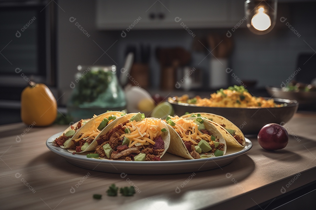 Tacos com fricassé, mexidos, ovos e bacon cobertos com queijo e cebolinha.