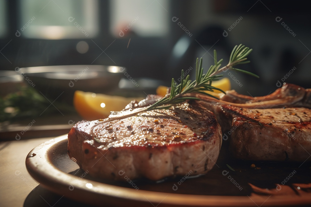 Costeletas de porco grelhadas ou assadas no osso com alho, alecrim e ervas finas.