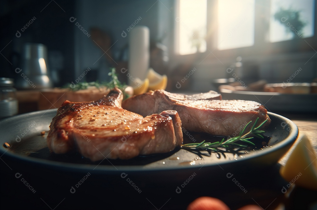 Costeletas de porco grelhadas ou assadas no osso com alho, alecrim e ervas finas.