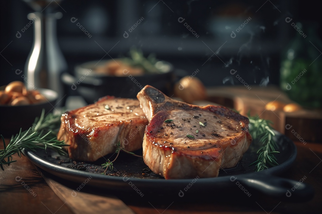 Costeletas de porco grelhadas ou assadas no osso com alho, alecrim e ervas finas.