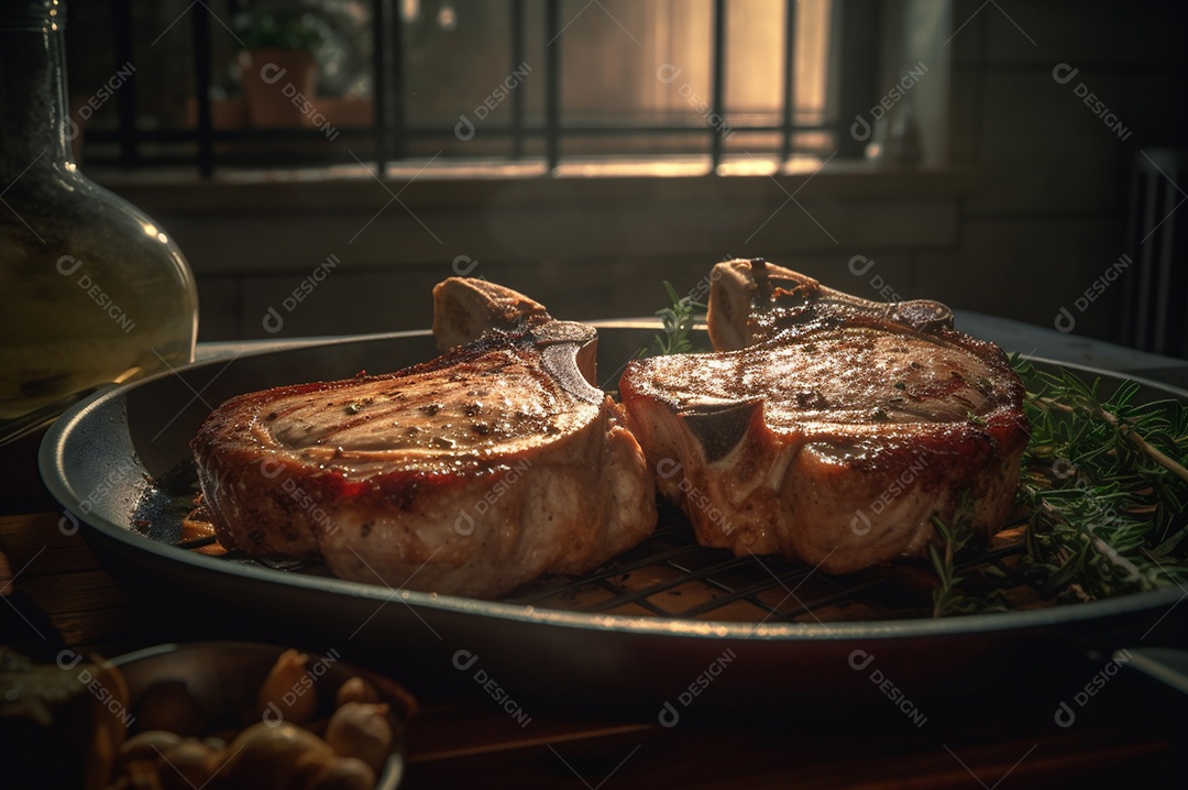 Costeletas de porco grelhadas ou assadas no osso com alho, alecrim e ervas finas.