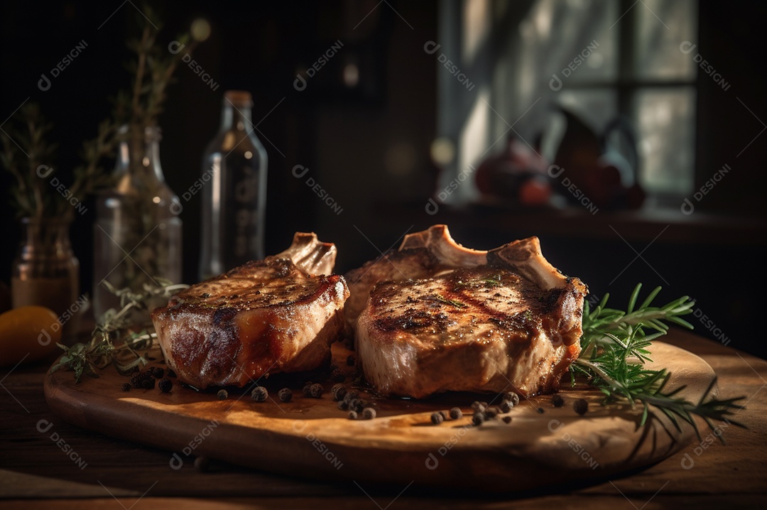 Costeletas de porco grelhadas ou assadas no osso com alho, alecrim e ervas finas.