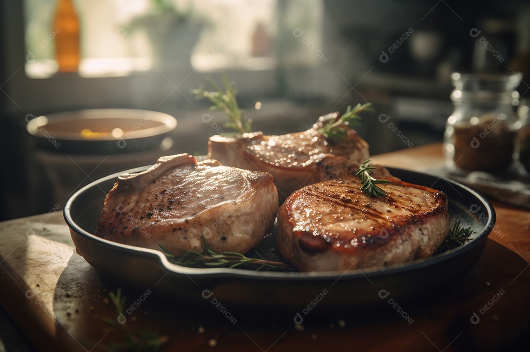 Costeletas de porco grelhadas ou assadas no osso com alho, alecrim e ervas finas.