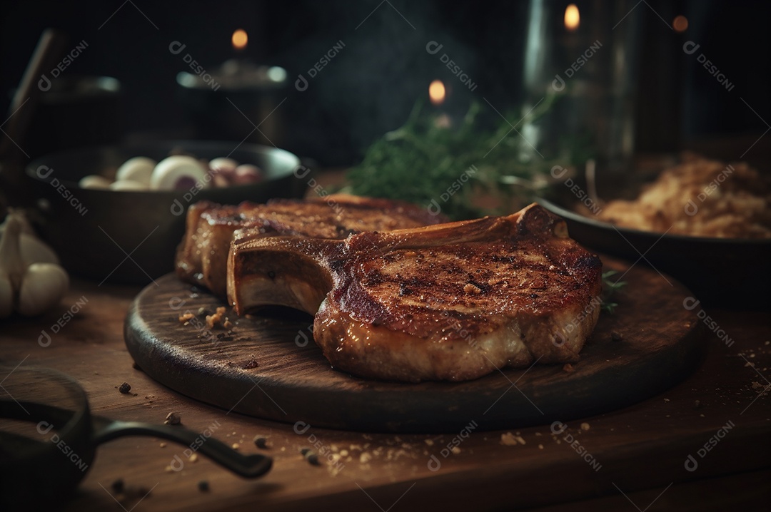 Costeletas de porco grelhadas ou assadas no osso com alho, alecrim e ervas finas.