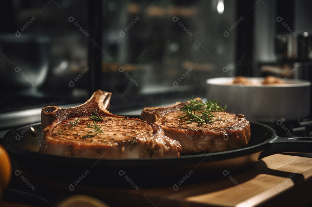 Costeletas de porco grelhadas ou assadas no osso com alho, alecrim e ervas finas.