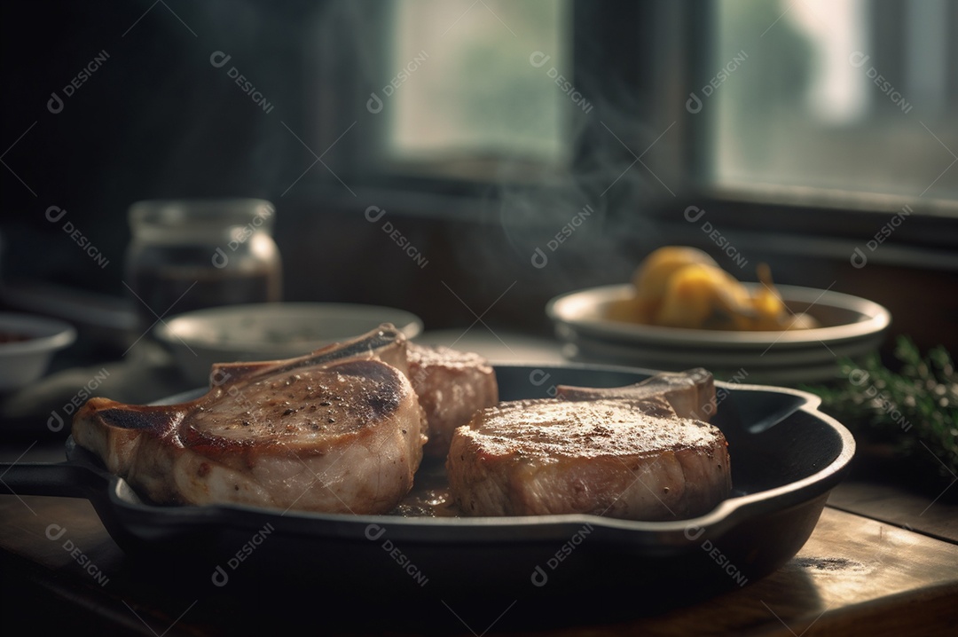Costeletas de porco grelhadas ou assadas no osso com alho, alecrim e ervas finas.