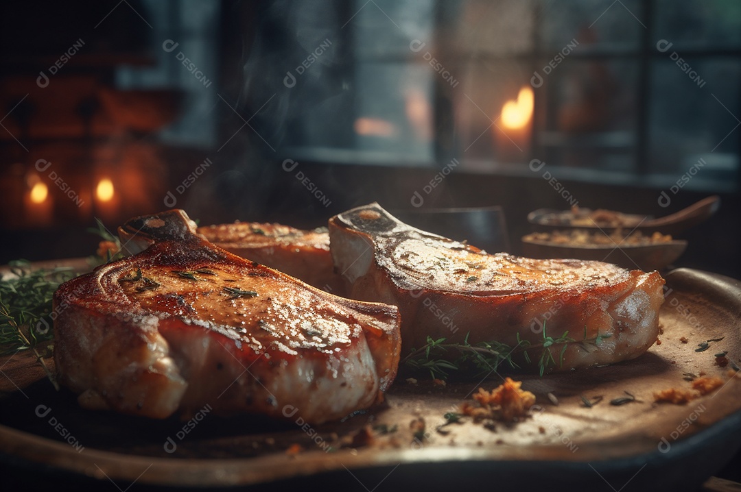 Costeletas de porco grelhadas ou assadas no osso com alho, alecrim e ervas finas.