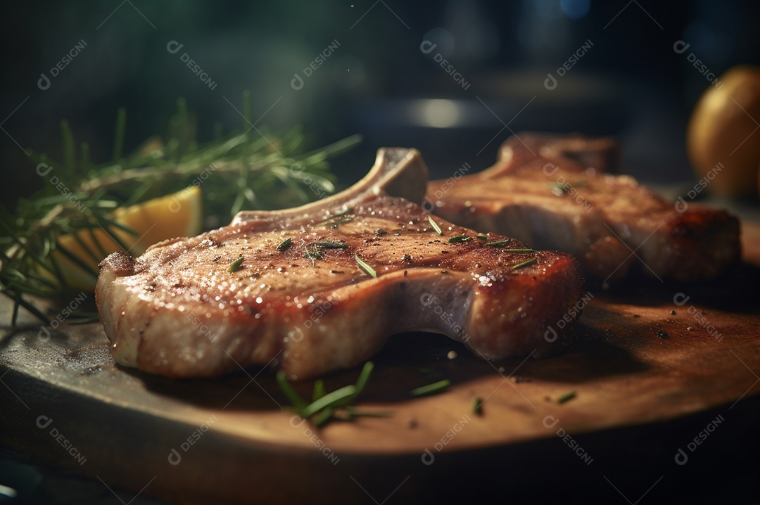 Costeletas de porco grelhadas ou assadas no osso com alho, alecrim e ervas finas.