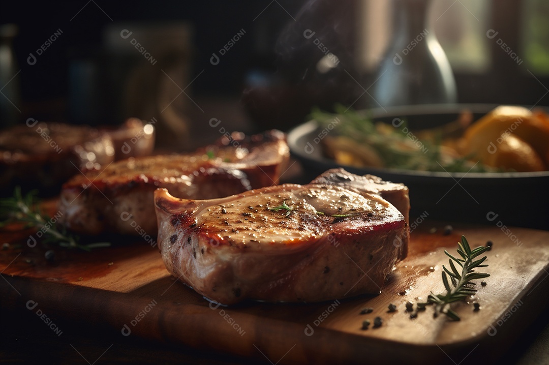 Costeletas de porco grelhadas ou assadas no osso com alho, alecrim e ervas finas.