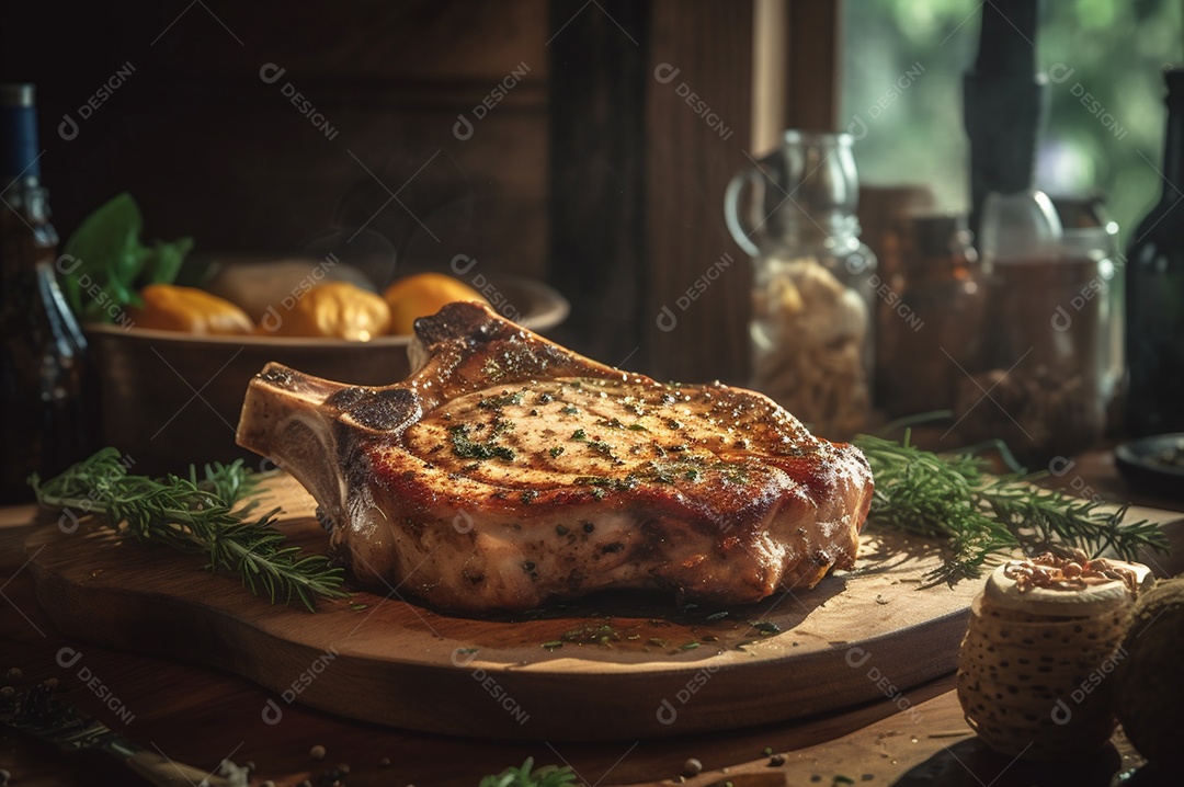 Costeletas de porco grelhadas ou assadas no osso com alho, alecrim e ervas finas.