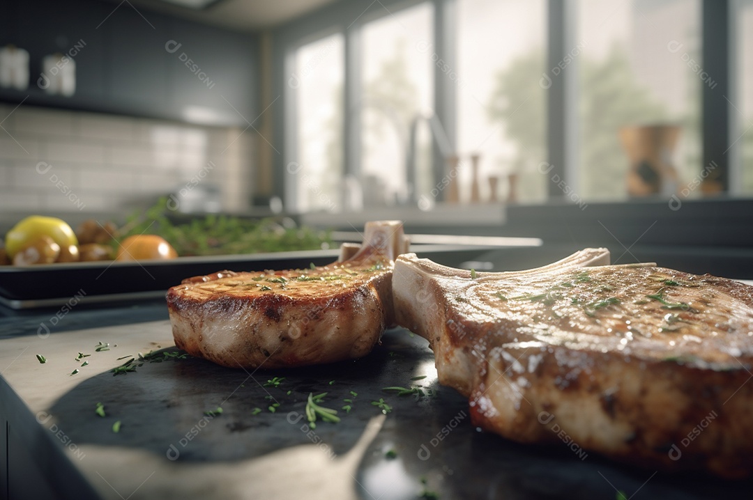 Costeletas de porco grelhadas ou assadas no osso com alho, alecrim e ervas finas.