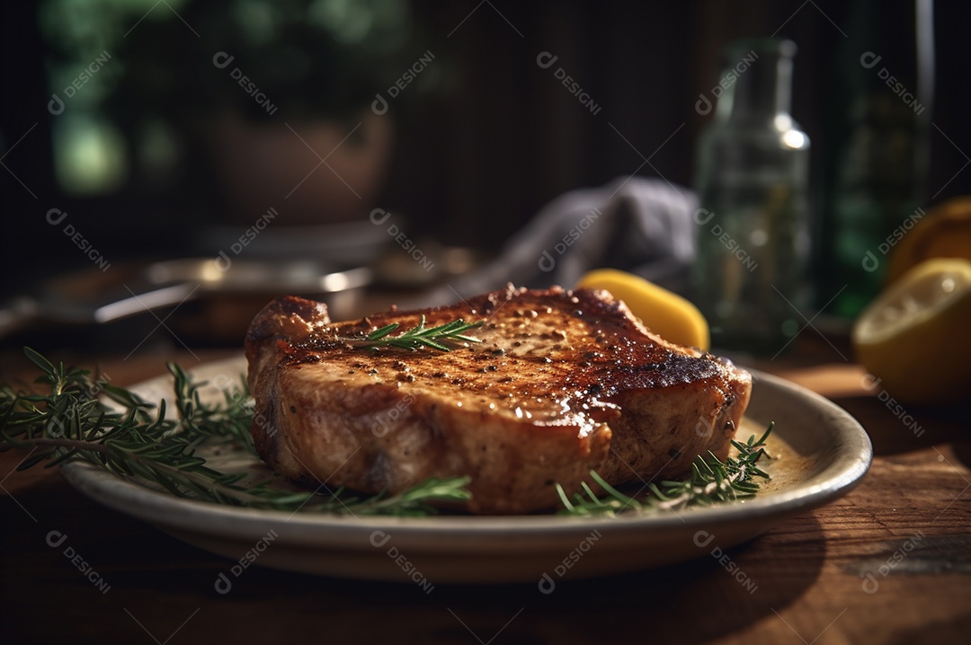 Costeletas de porco grelhadas ou assadas no osso com alho, alecrim e ervas finas.