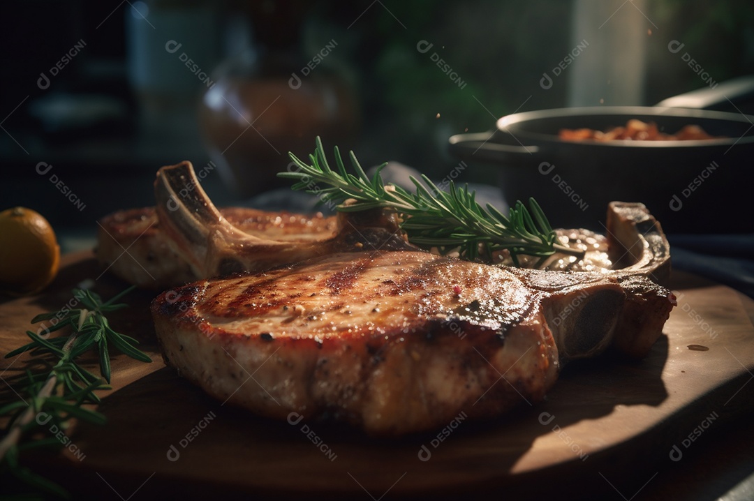Costeletas de porco grelhadas ou assadas no osso com alho, alecrim e ervas finas.