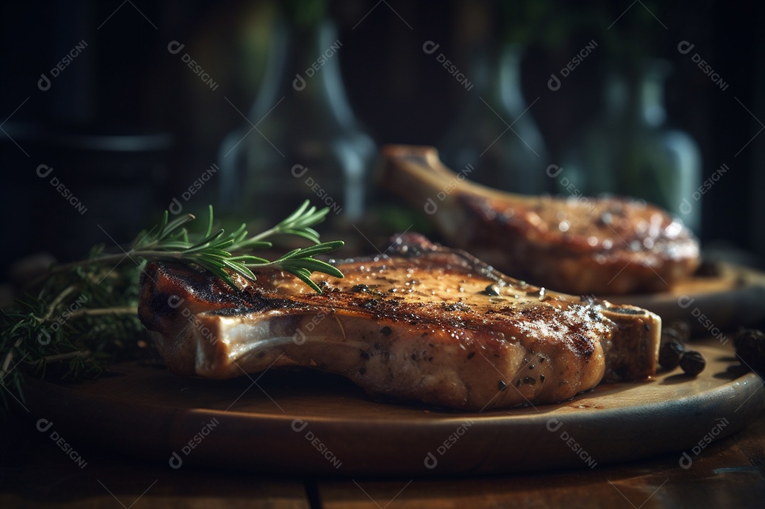 Costeletas de porco grelhadas ou assadas no osso com alho, alecrim e ervas finas.