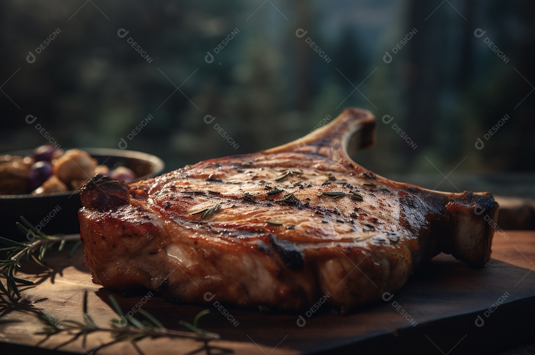 Costeletas de porco grelhadas ou assadas no osso com alho, alecrim e ervas finas.