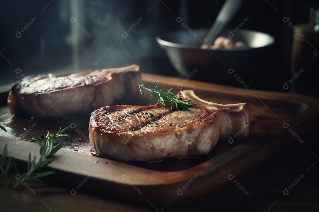 Costeletas de porco grelhadas ou assadas no osso com alho, alecrim e ervas finas.
