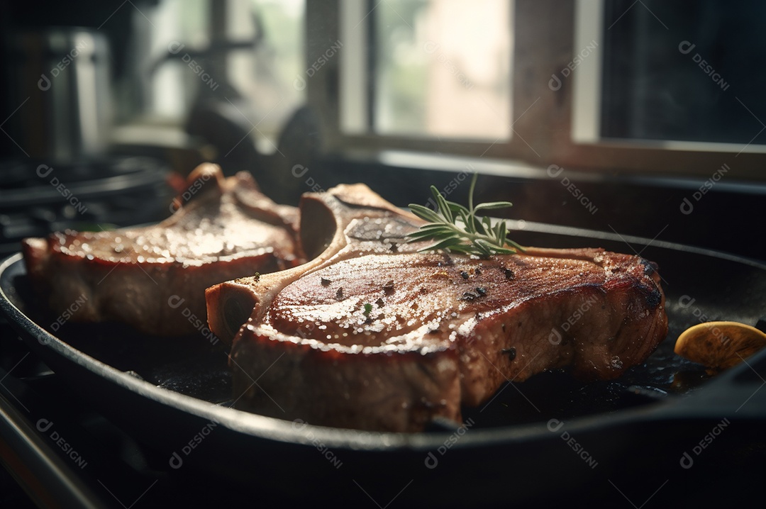 Costeletas de porco grelhadas ou assadas no osso com alho, alecrim e ervas finas.