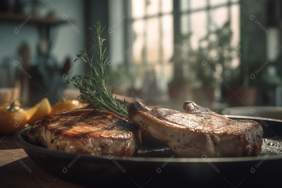 Costeletas de porco grelhadas ou assadas no osso com alho, alecrim e ervas finas.