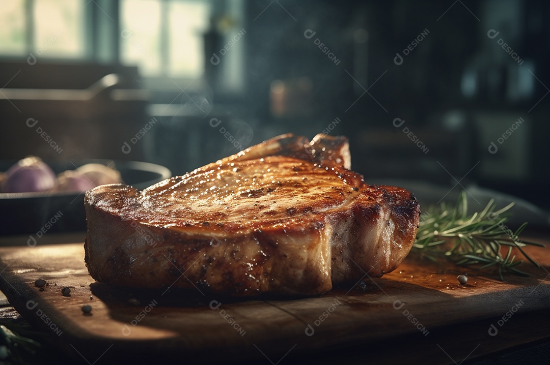 Costeletas de porco grelhadas ou assadas no osso com alho, alecrim e ervas finas.