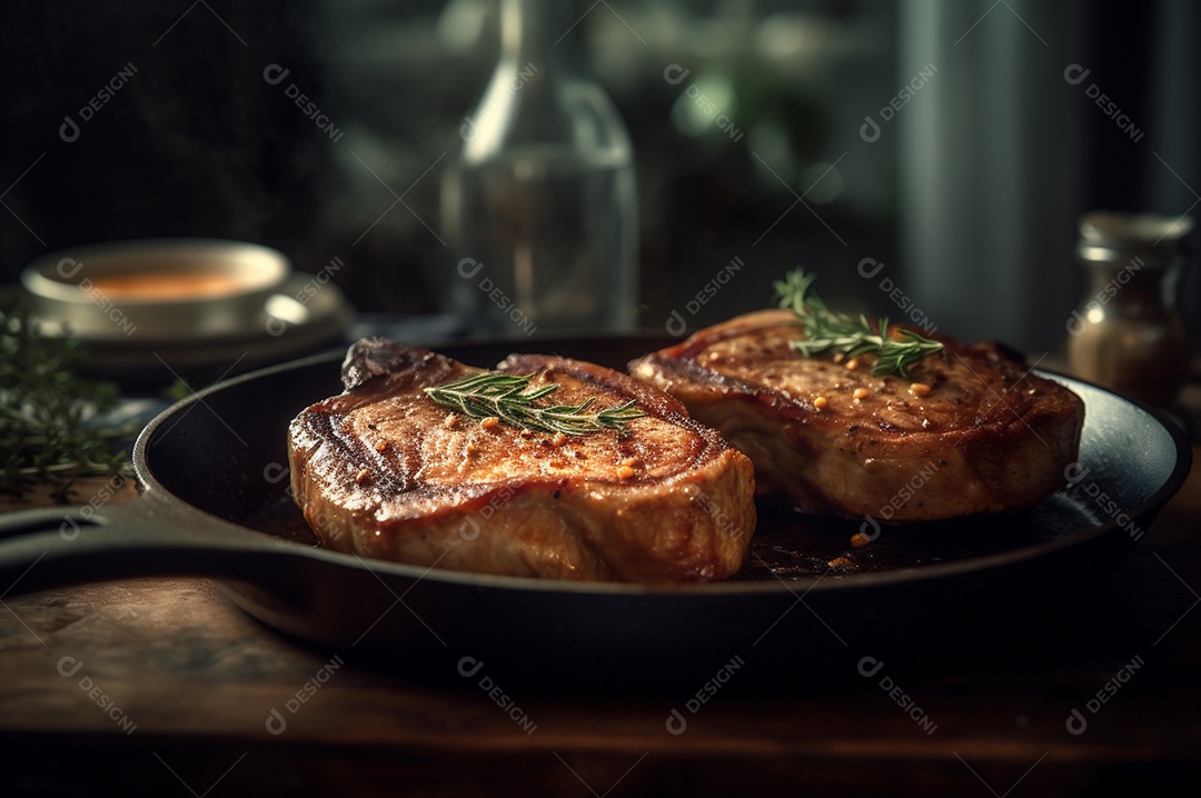 Costeletas de porco grelhadas ou assadas no osso com alho, alecrim e ervas finas.