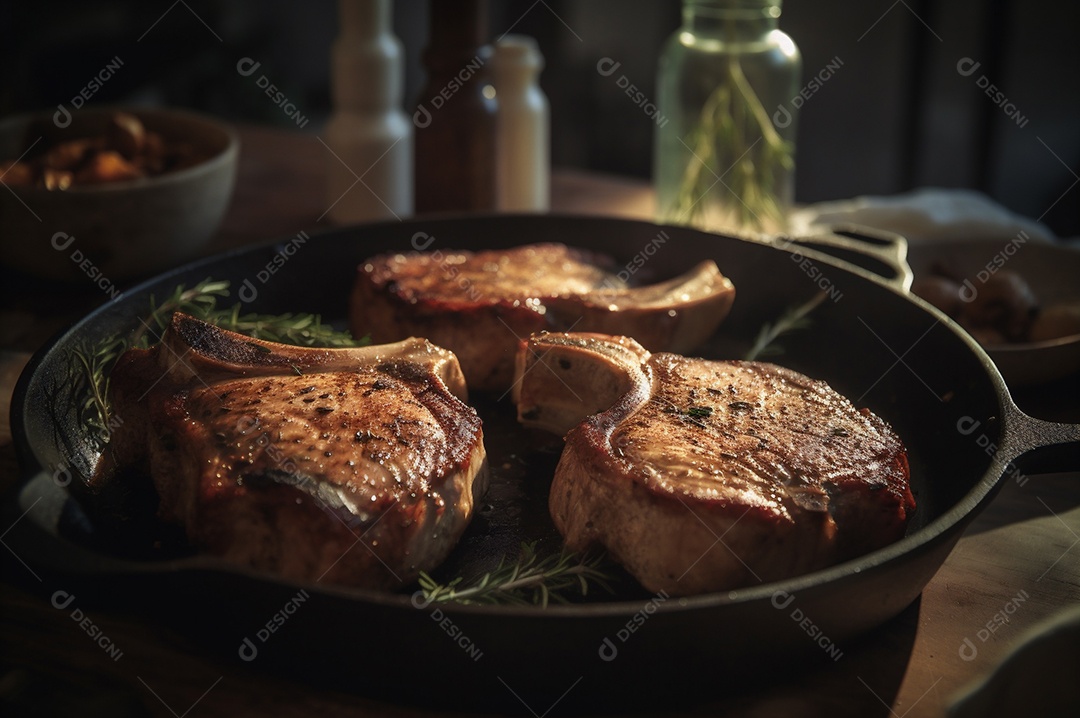 Costeletas de porco grelhadas ou assadas no osso com alho, alecrim e ervas finas.