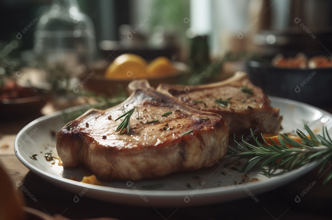 Costeletas de porco grelhadas ou assadas no osso com alho, alecrim e ervas finas.