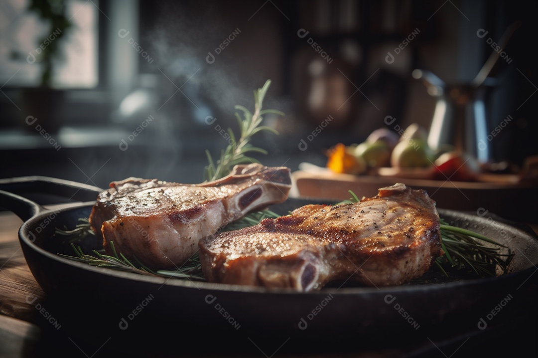 Costeletas de porco grelhadas ou assadas no osso com alho, alecrim e ervas finas.