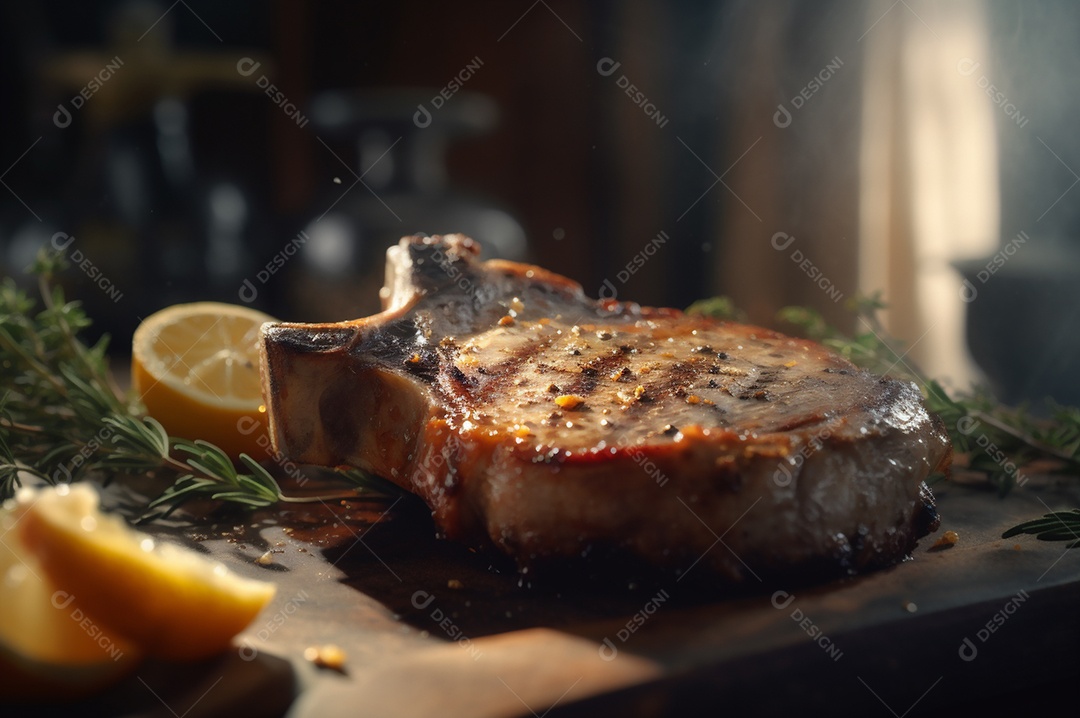 Costeletas de porco grelhadas ou assadas no osso com alho, alecrim e ervas finas.