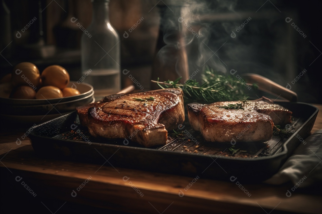 Costeletas de porco grelhadas ou assadas no osso com alho, alecrim e ervas finas.