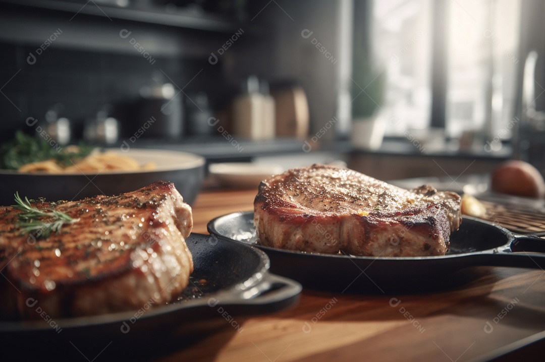Costeletas de porco grelhadas ou assadas no osso com alho, alecrim e ervas finas.