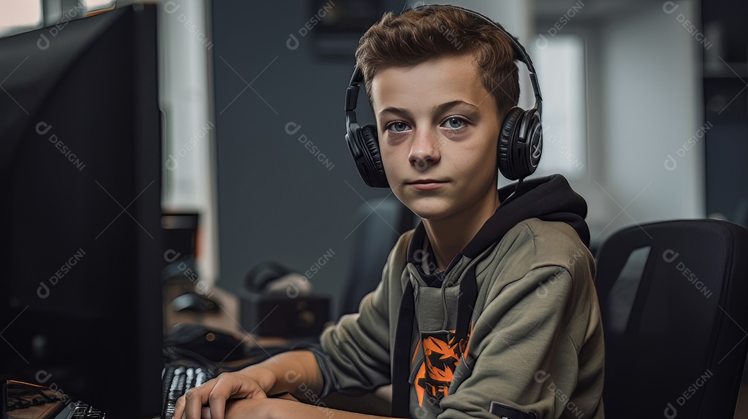 Jovem jogador sentado em uma mesa jogando videogame.