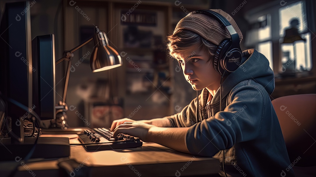 Jovem jogador sentado em uma mesa jogando videogame.