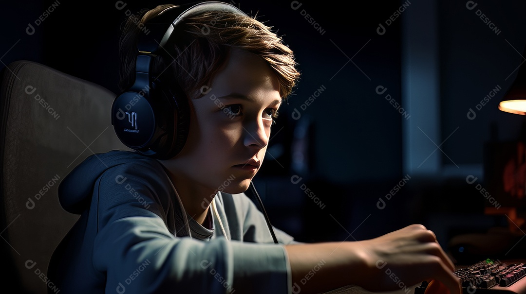 Jovem jogador sentado em uma mesa jogando videogame.