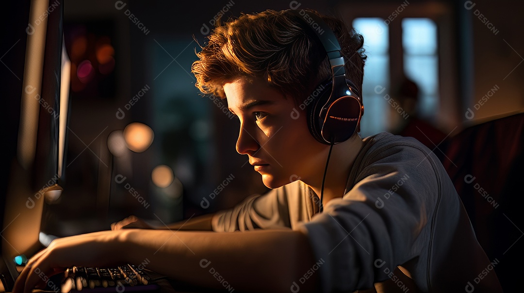 Jovem jogador sentado em uma mesa jogando videogame.