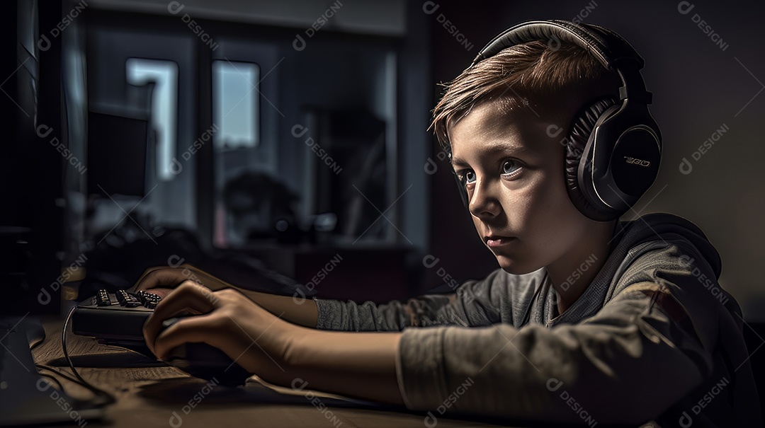 Jovem jogador sentado em uma mesa jogando videogame.