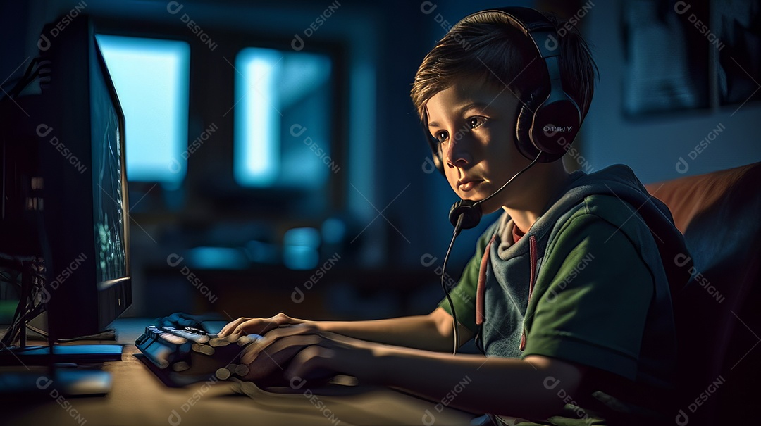Jovem jogador sentado em uma mesa jogando videogame.