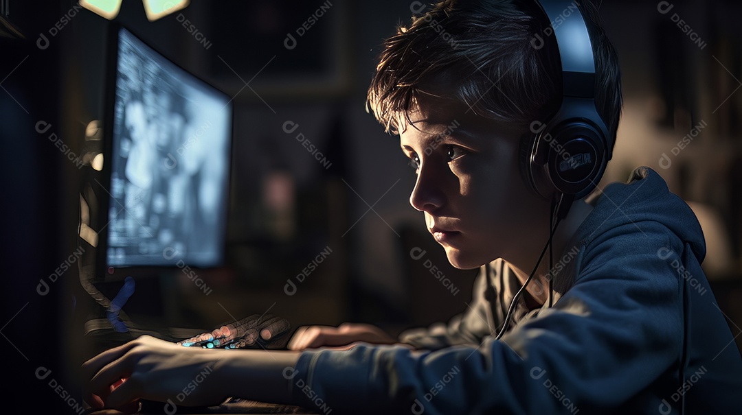 Jovem jogador sentado em uma mesa jogando videogame.