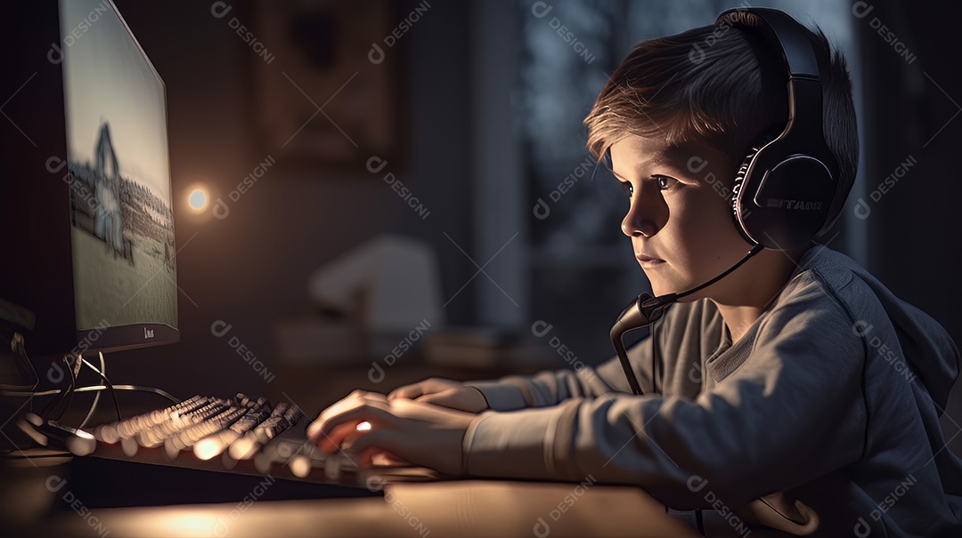 Jovem jogador sentado em uma mesa jogando videogame.