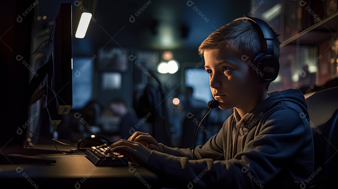Jovem jogador sentado em uma mesa jogando videogame.