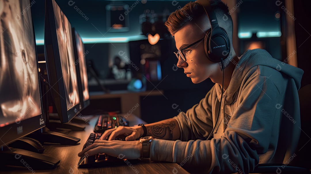 Jovem jogador sentado em uma mesa jogando videogame.
