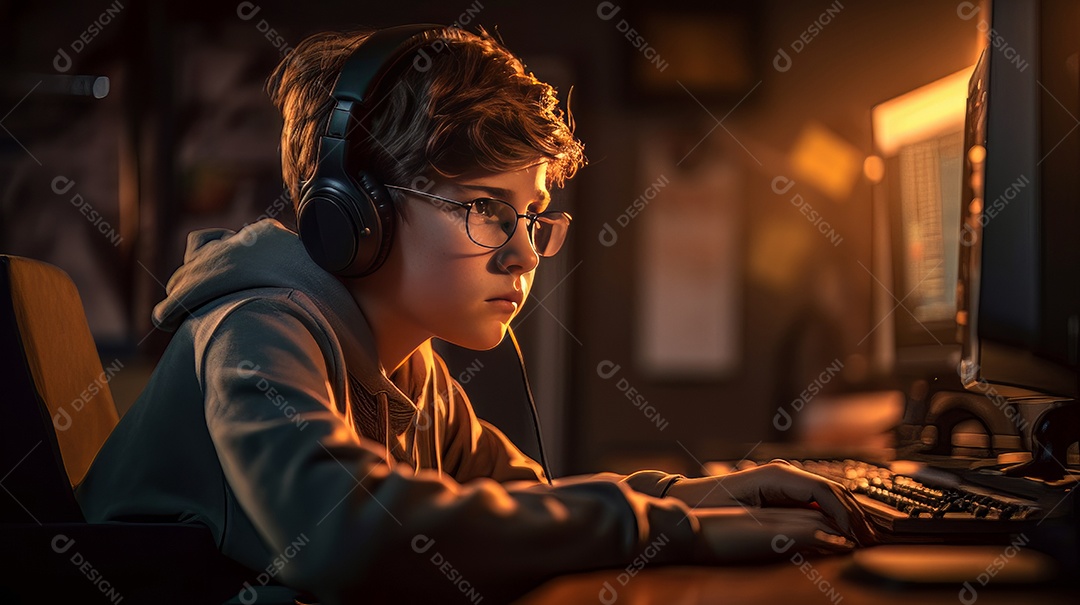 Jovem jogador sentado em uma mesa jogando videogame.