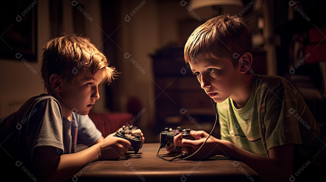 Jovem jogador sentado em uma mesa jogando videogame.