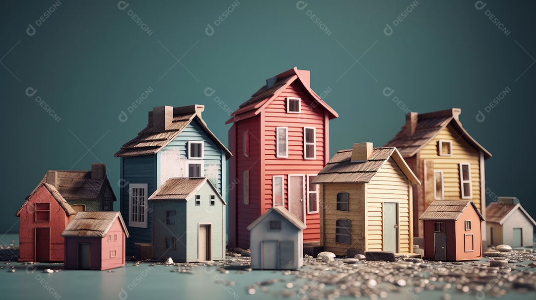 Conceito Imóveis Habitação Casas minúsculas cercadas por pilhas de moedas O mercado imobiliário.